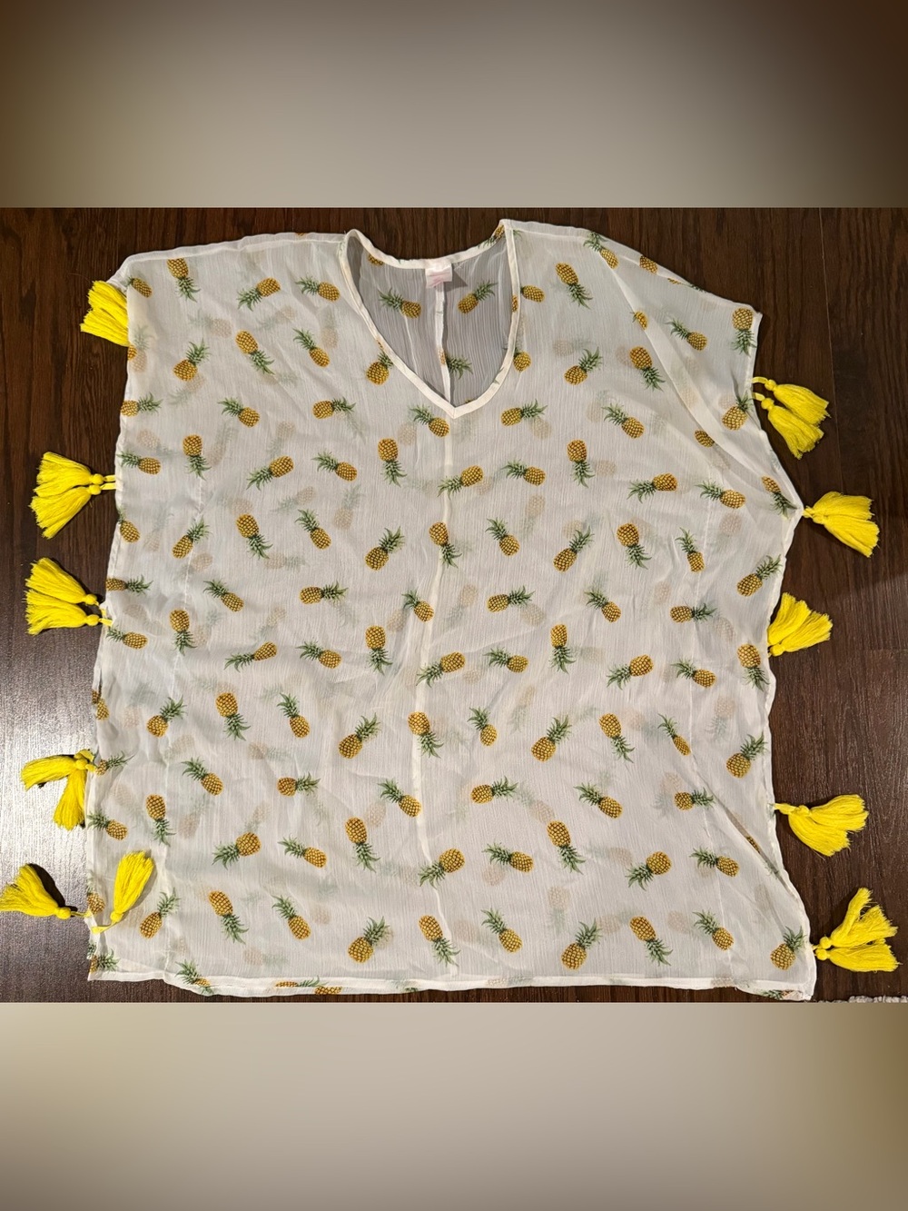 Pineapple Print Sheer Beach Cover-Up with Yellow Tassels